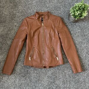 Guess Women's Brown Faux-Leather Jacket Size Small